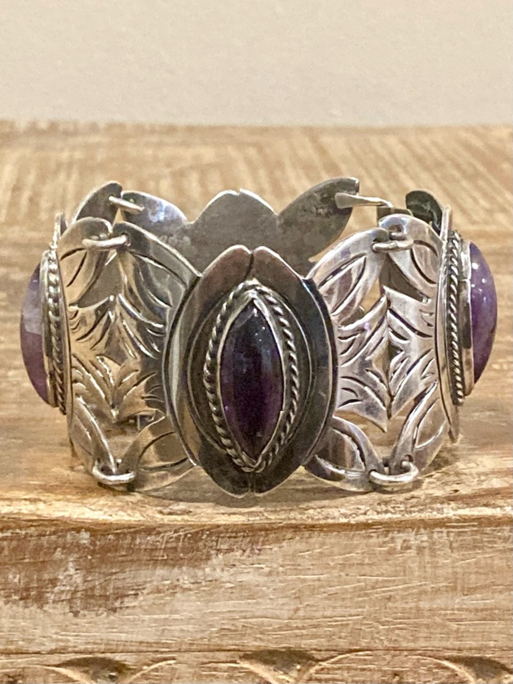 Vintage Mexican Silver & Purple Panel Bracelet • 83g • Handcrafted Boho Style - Picture 7 of 16
